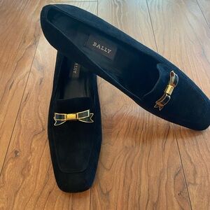 Bally Black Suede Loafers with Gold Bow vintage
